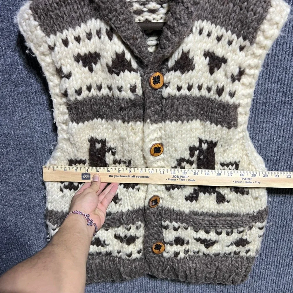 Vintage Cowichan Wool Vest Mens M Brown Eagle Thunderbird Hand Knit Canada